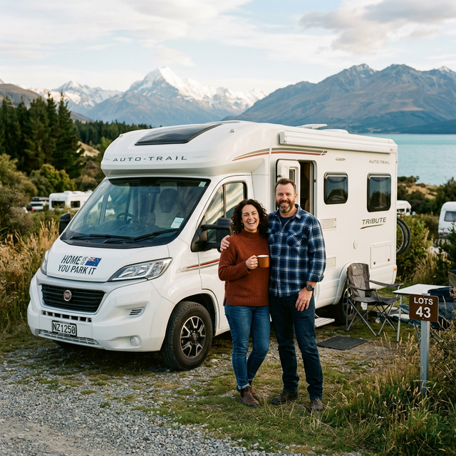TravelWay owners beside a motorhome